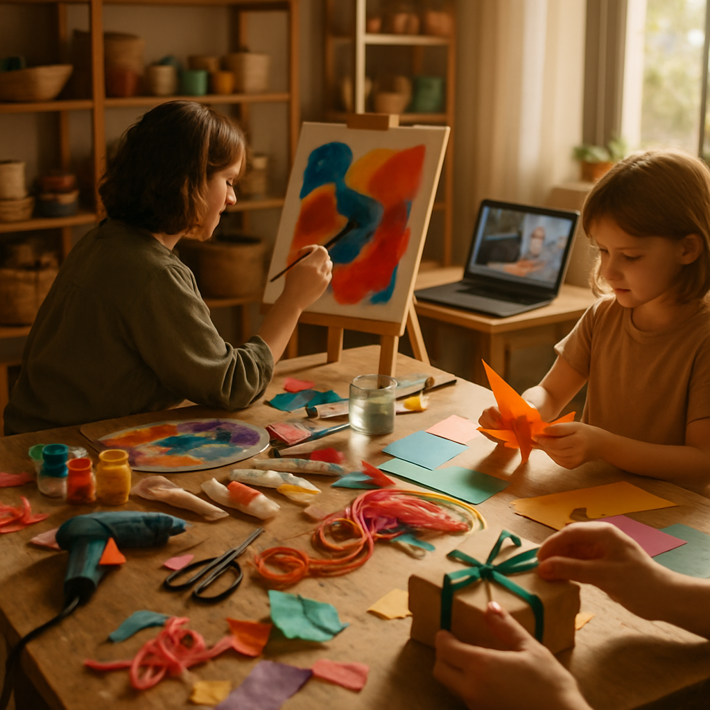Hands creating colorful craft pieces on a tabletop with tools and materials